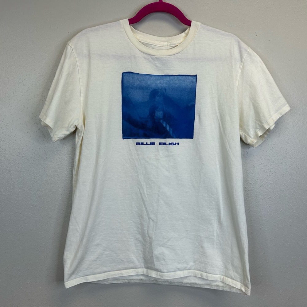 Billie Eilish Blue White Graphic Band Tee Womens L/XL Pop Music Festival Tour - Picture 1 of 8